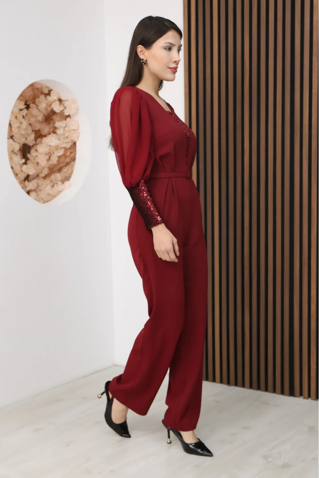 Nursel Ergin Payet Detaylı Abiye Tulum 6056-Bordo