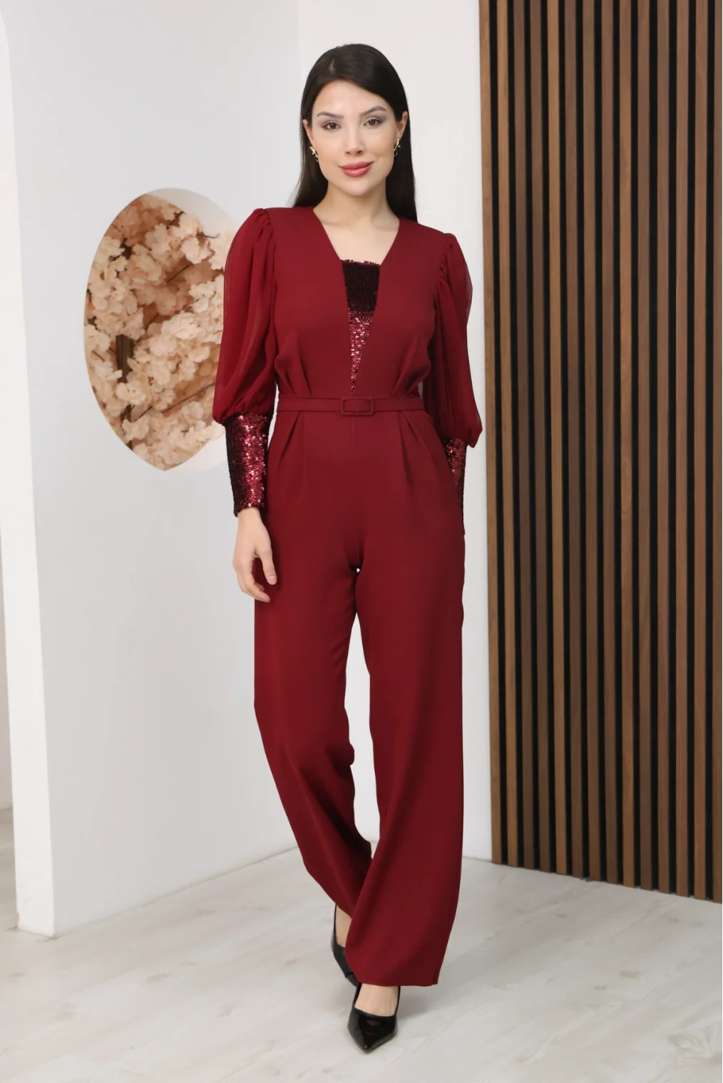 Nursel Ergin Payet Detaylı Abiye Tulum 6056-Bordo