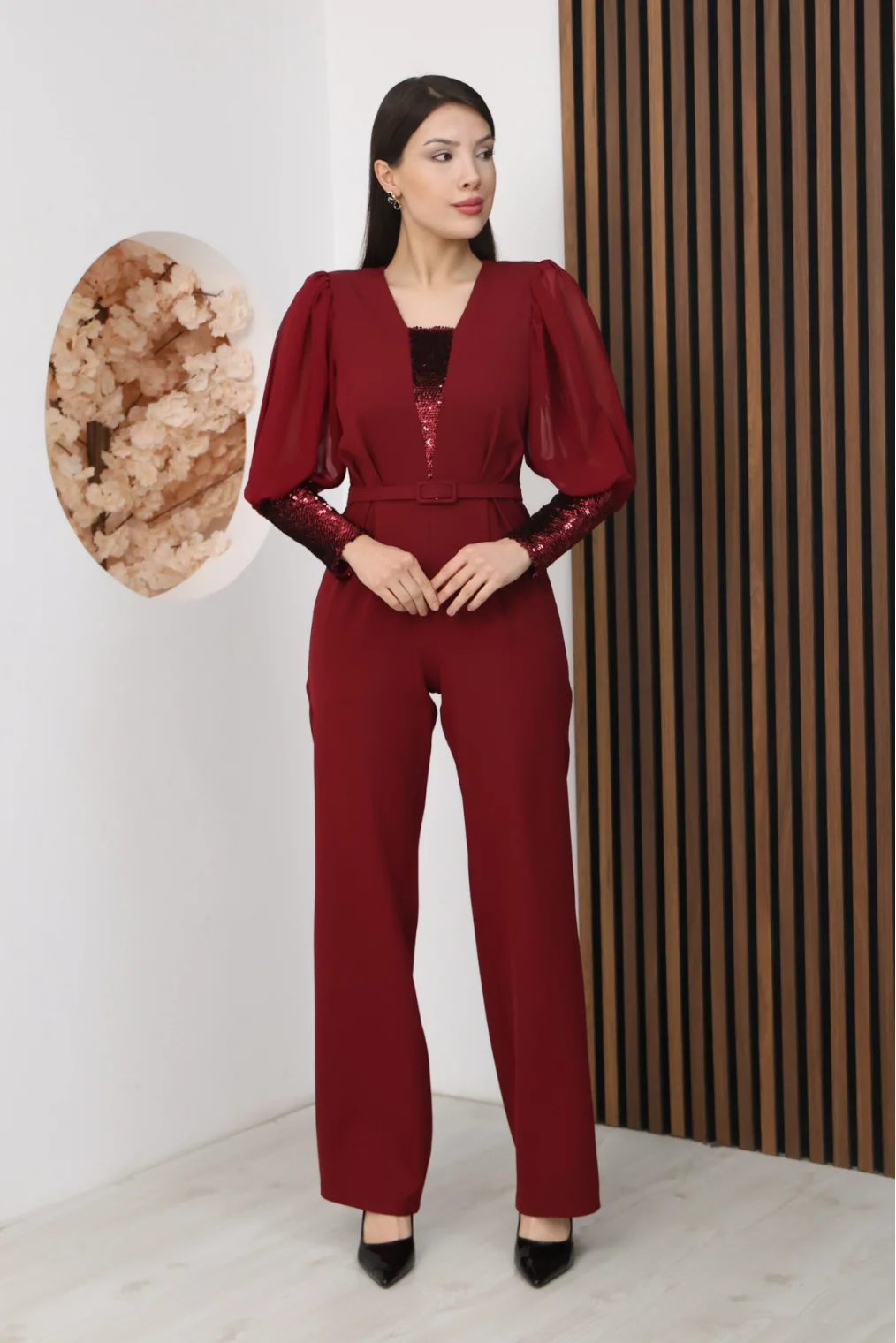 Nursel Ergin Payet Detaylı Abiye Tulum 6056-Bordo