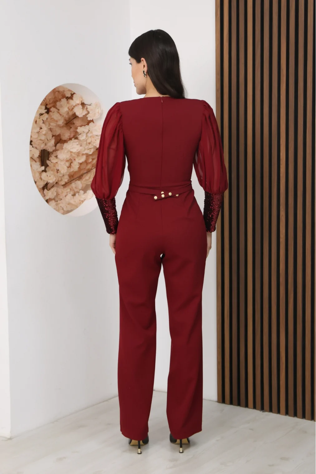 Nursel Ergin Payet Detaylı Abiye Tulum 6056-Bordo