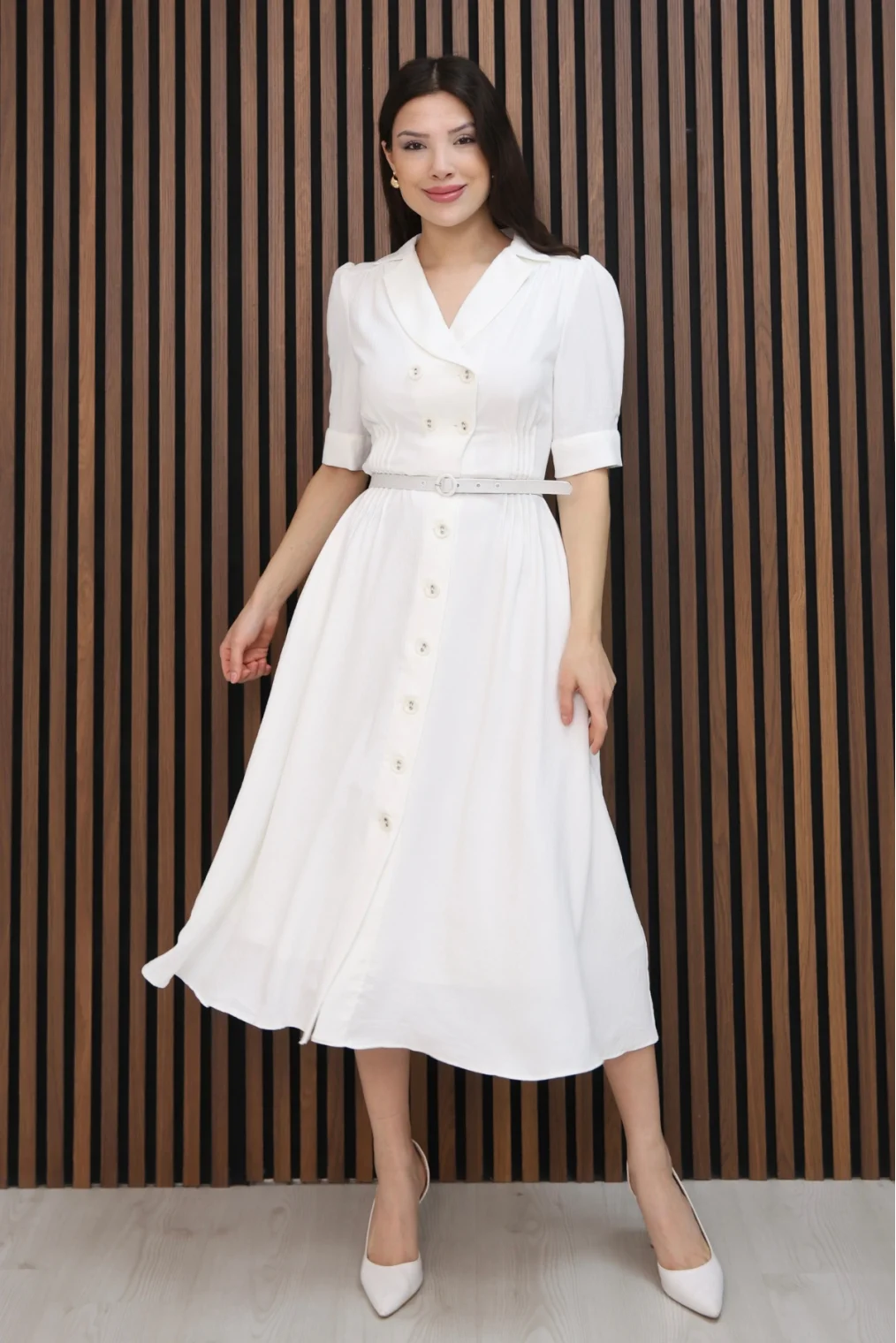 Nursel Ergin Düğme Detaylı Elbise 6059-Beyaz