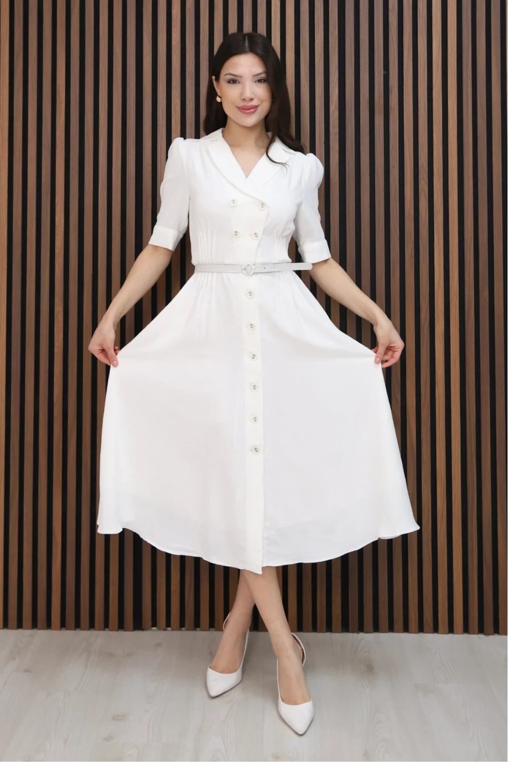 Nursel Ergin Düğme Detaylı Elbise 6059-Beyaz