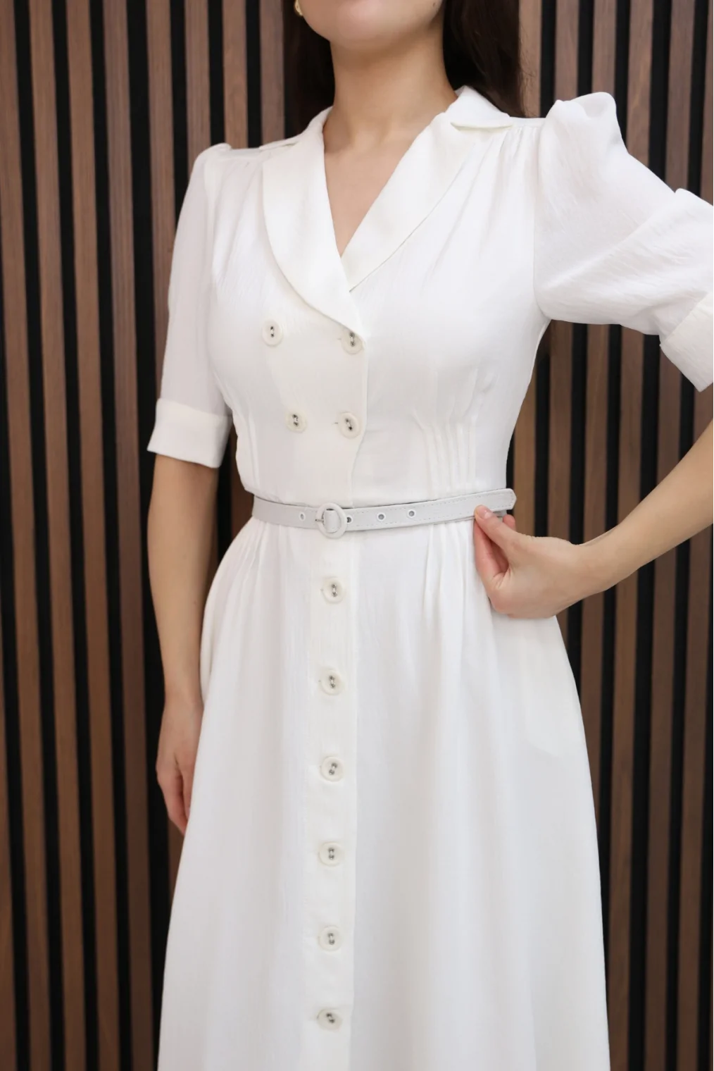 Nursel Ergin Düğme Detaylı Elbise 6059-Beyaz