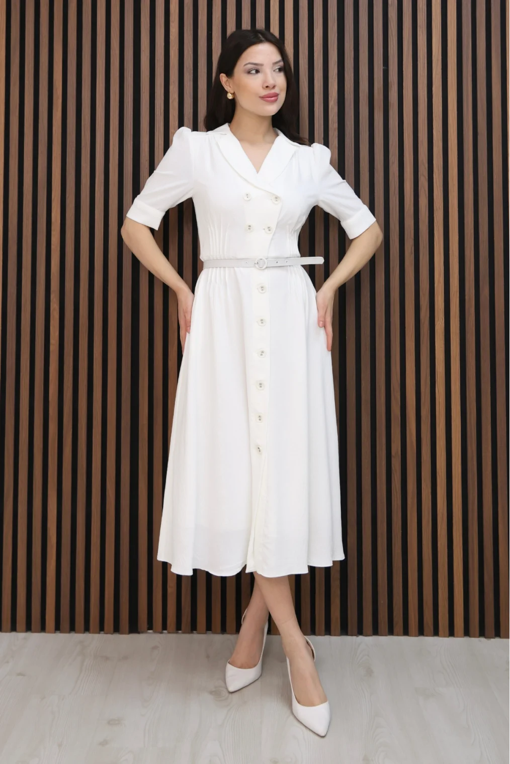 Nursel Ergin Düğme Detaylı Elbise 6059-Beyaz