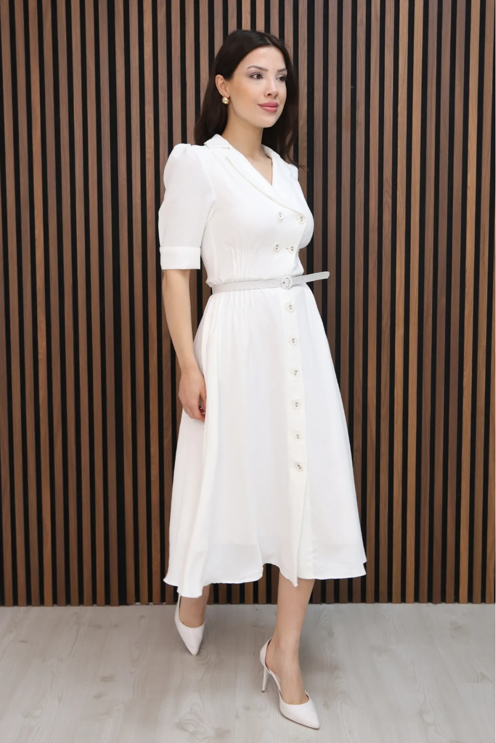 Nursel Ergin Düğme Detaylı Elbise 6059-Beyaz