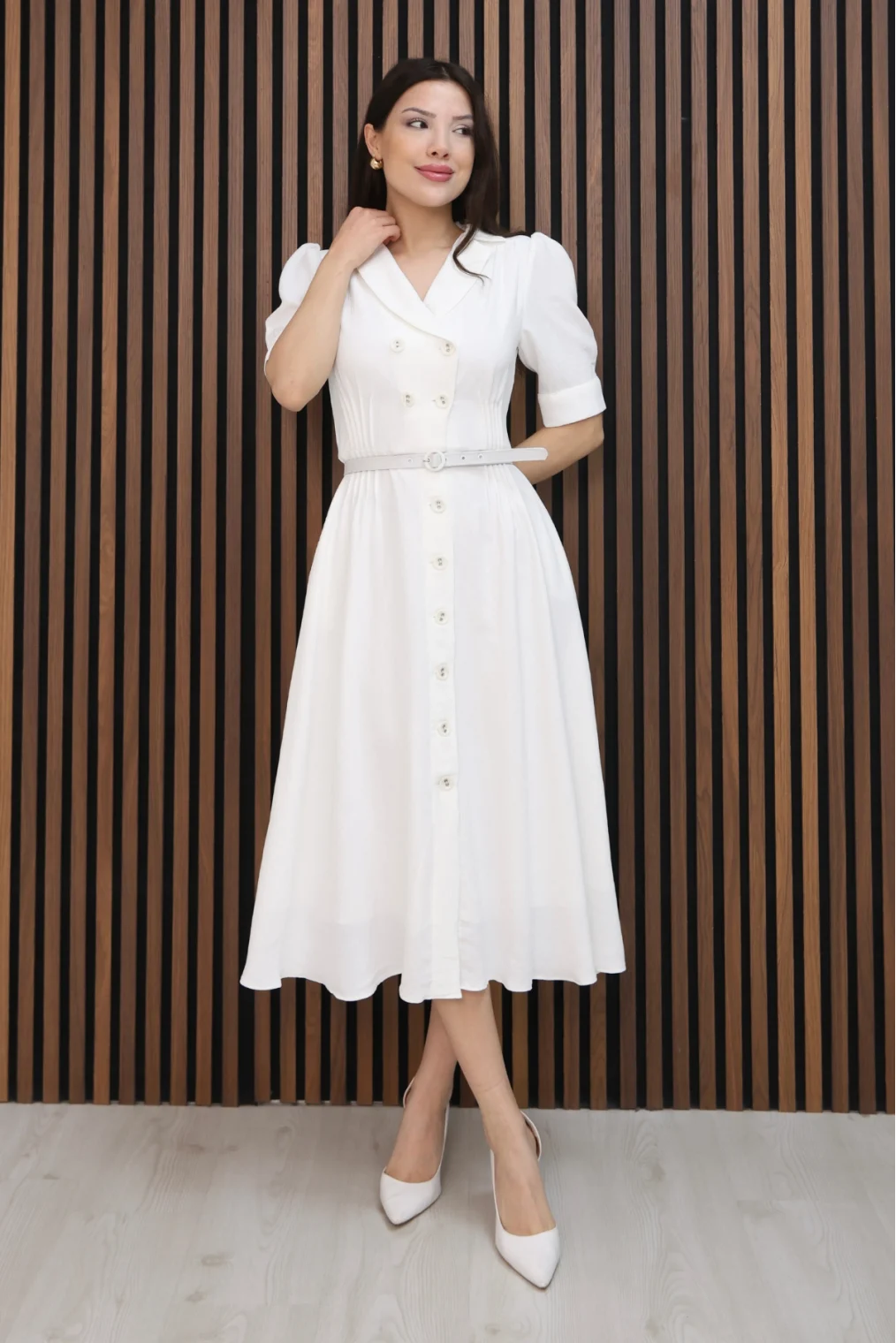 Nursel Ergin Düğme Detaylı Elbise 6059-Beyaz