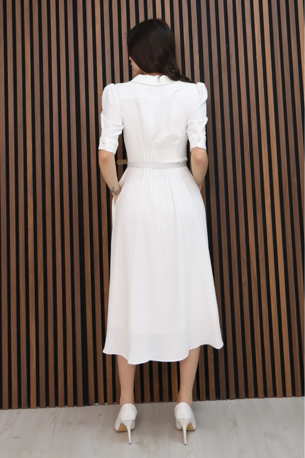 Nursel Ergin Düğme Detaylı Elbise 6059-Beyaz