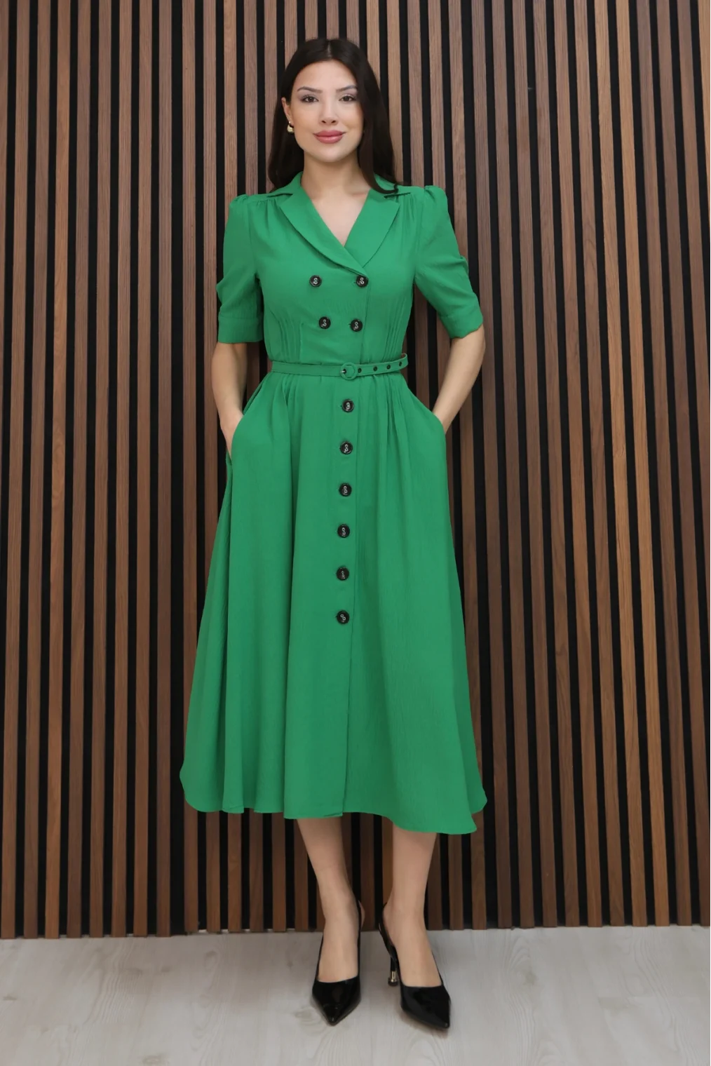 Nursel Ergin Düğme Detaylı Elbise 6059-Yeşil