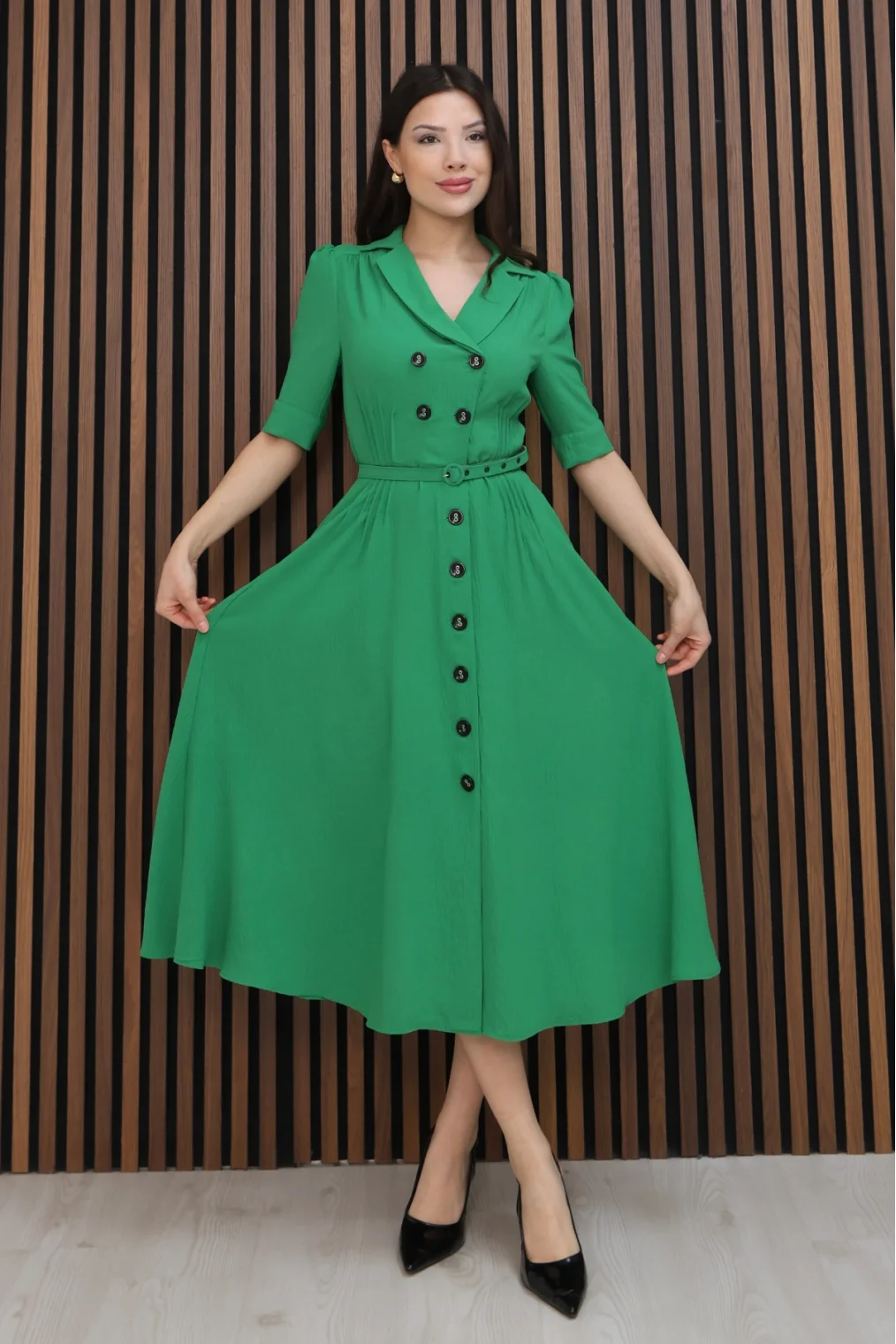 Nursel Ergin Düğme Detaylı Elbise 6059-Yeşil