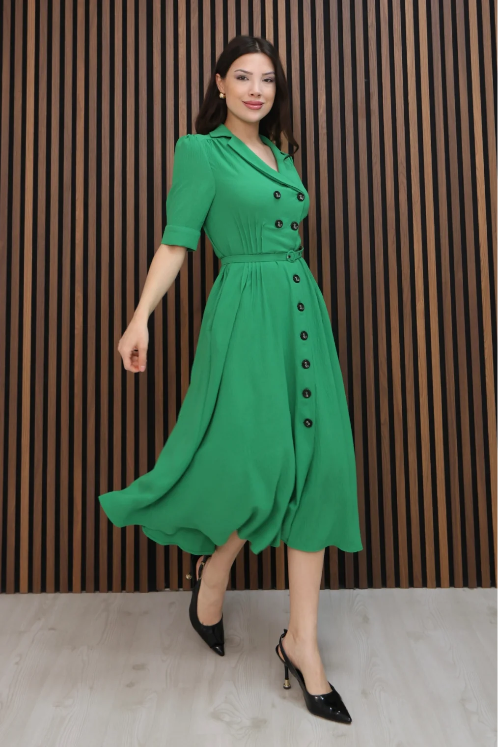Nursel Ergin Düğme Detaylı Elbise 6059-Yeşil