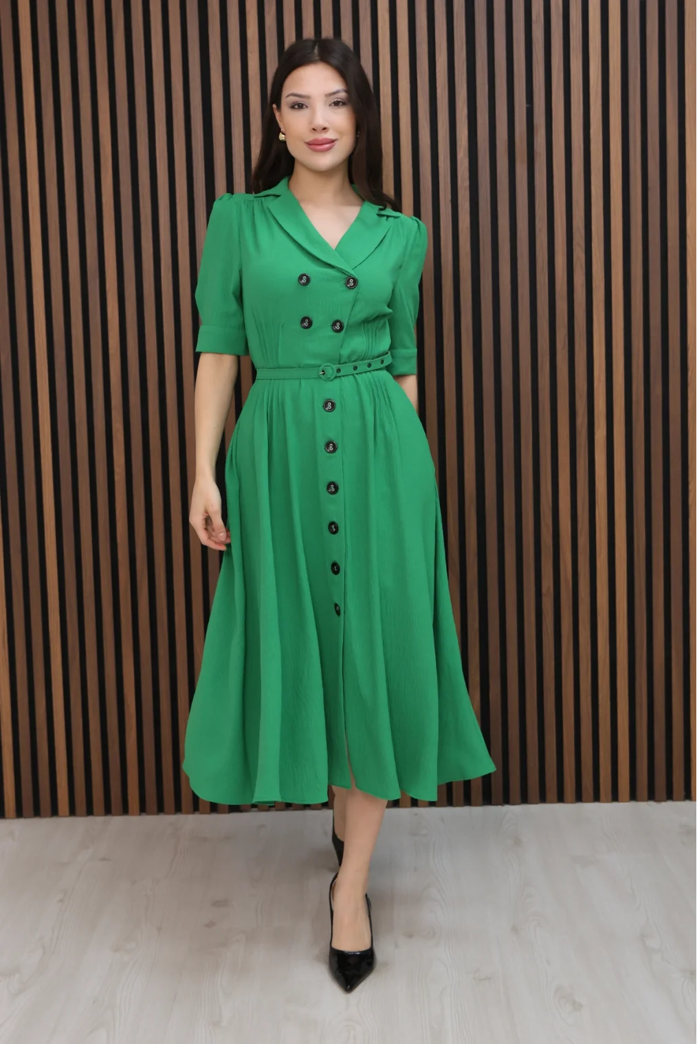 Nursel Ergin Düğme Detaylı Elbise 6059-Yeşil