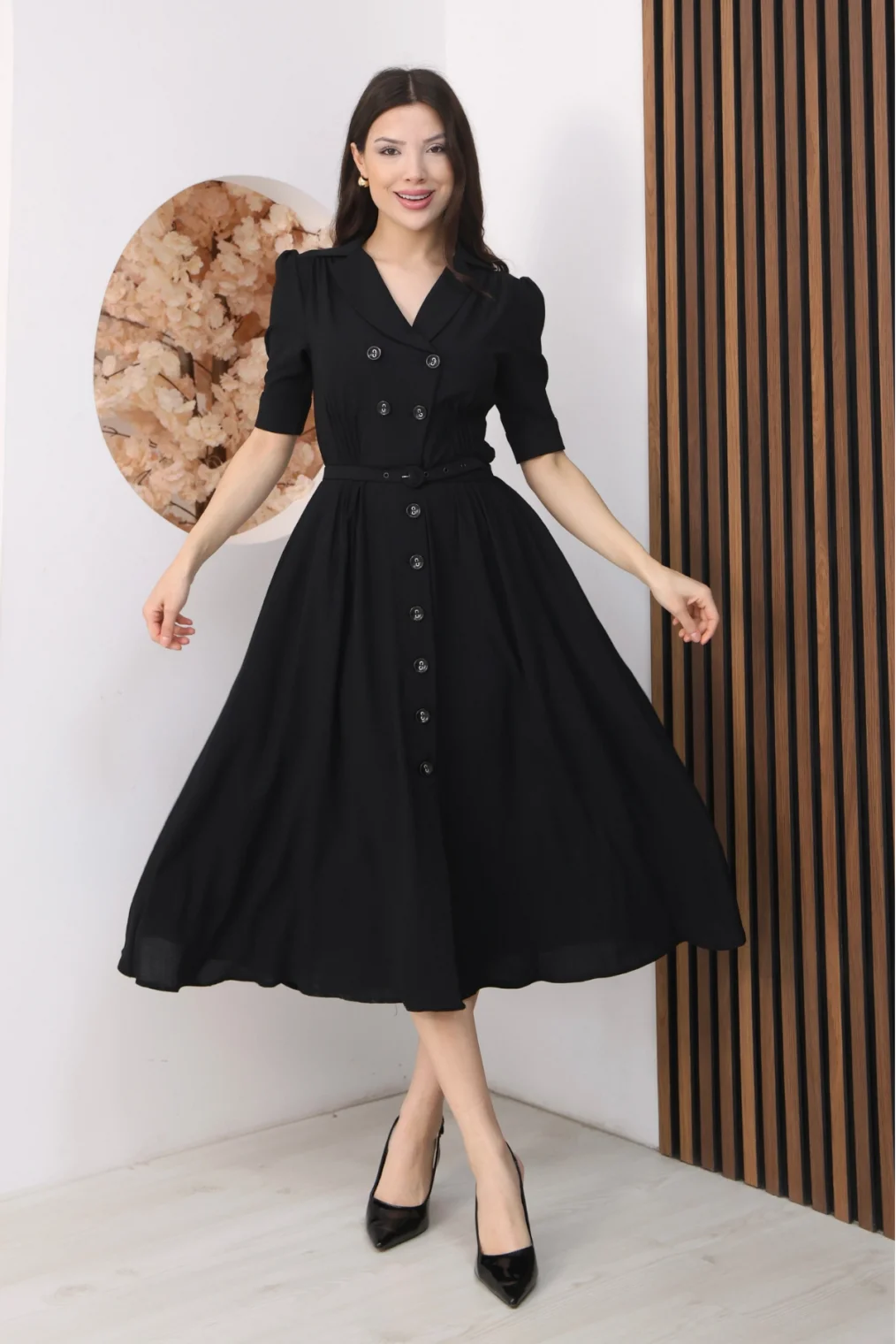 Nursel Ergin Düğme Detaylı Elbise 6059-Siyah