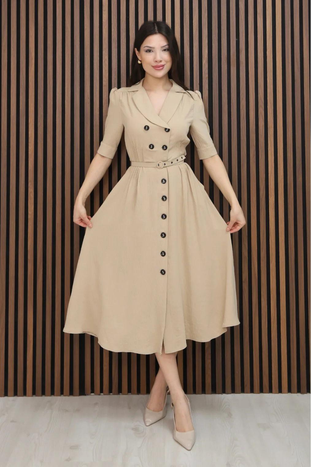 Nursel Ergin Düğme Detaylı Elbise 6059-Bej