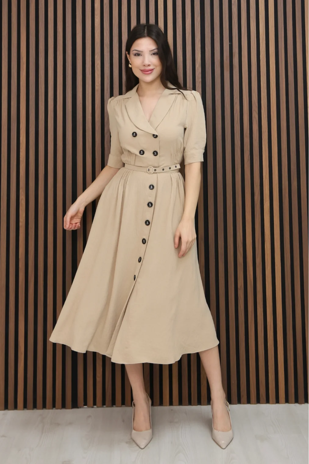 Nursel Ergin Düğme Detaylı Elbise 6059-Bej