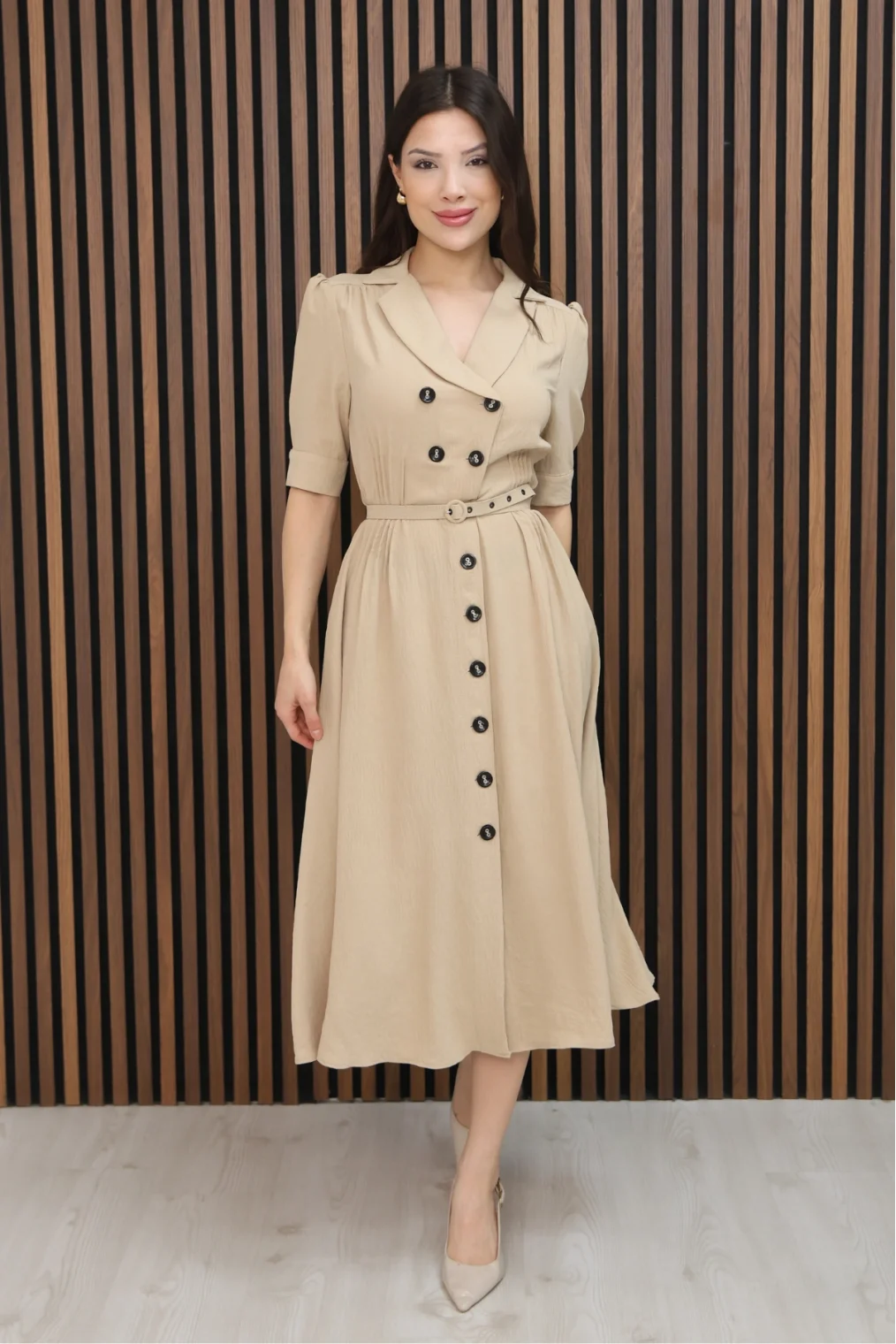 Nursel Ergin Düğme Detaylı Elbise 6059-Bej