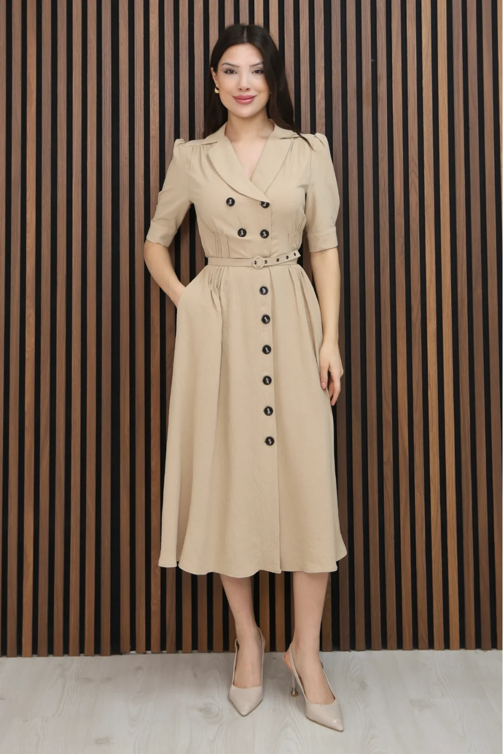 Nursel Ergin Düğme Detaylı Elbise 6059-Bej