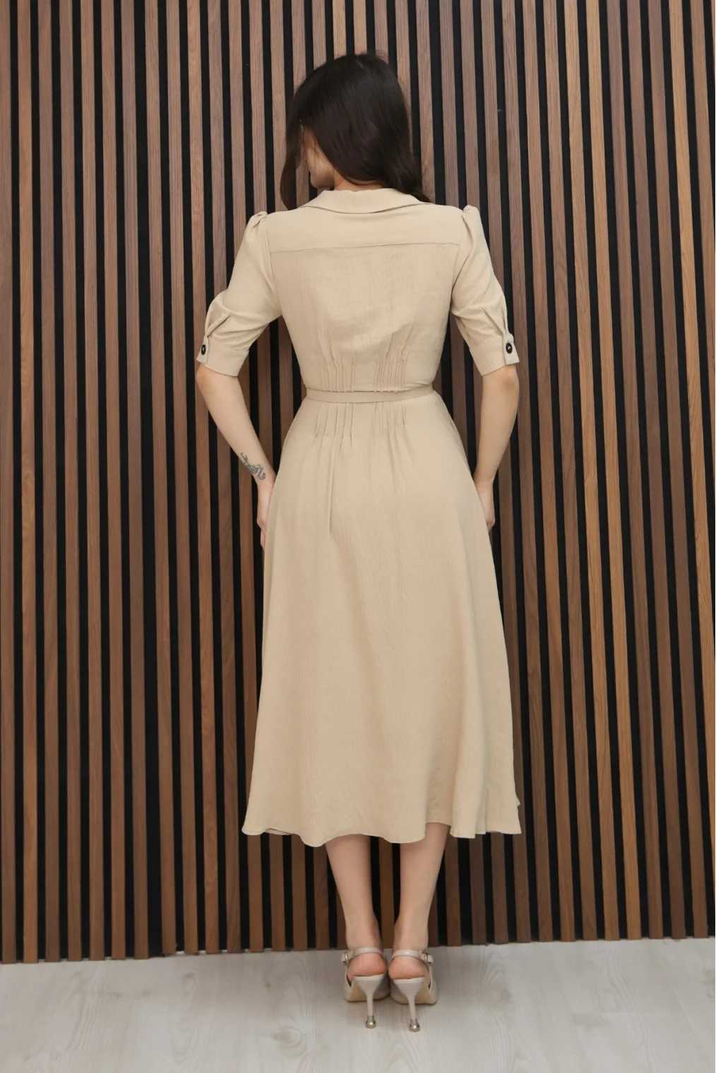 Nursel Ergin Düğme Detaylı Elbise 6059-Bej