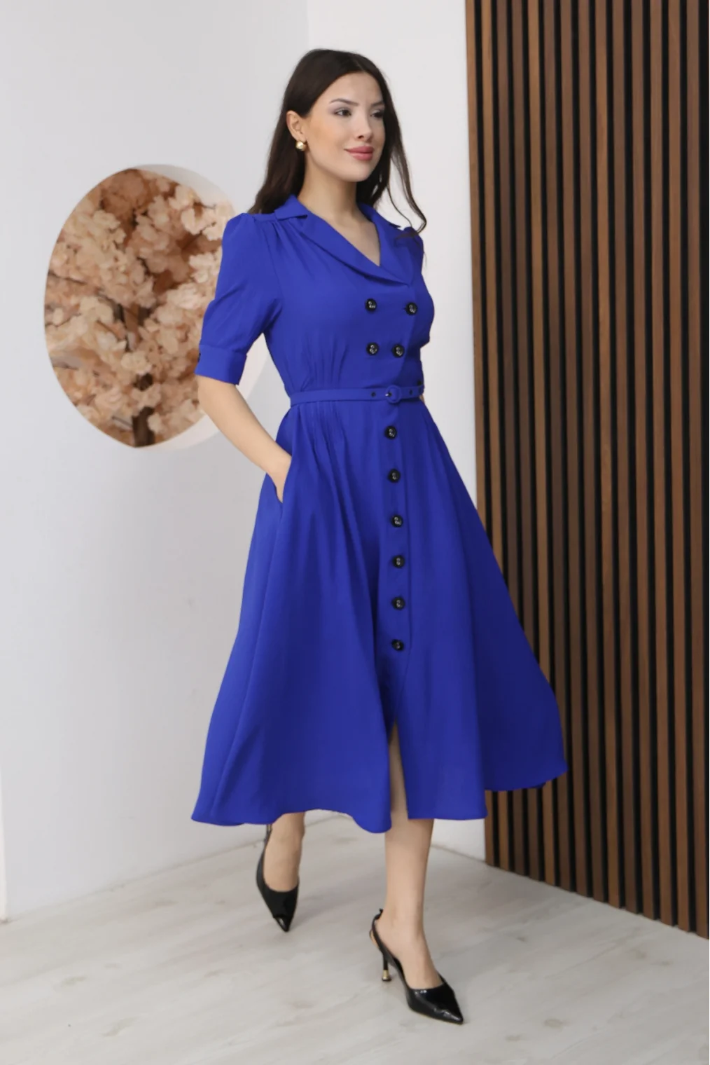 Nursel Ergin Düğme Detaylı Elbise 6059-Saks