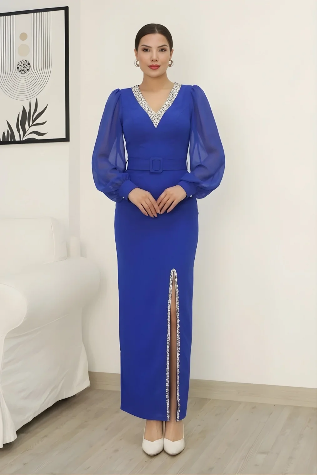 V Yaka Taş Detaylı Yırtmaçlı Balon Kol Abiye Elbise 2332-Saks