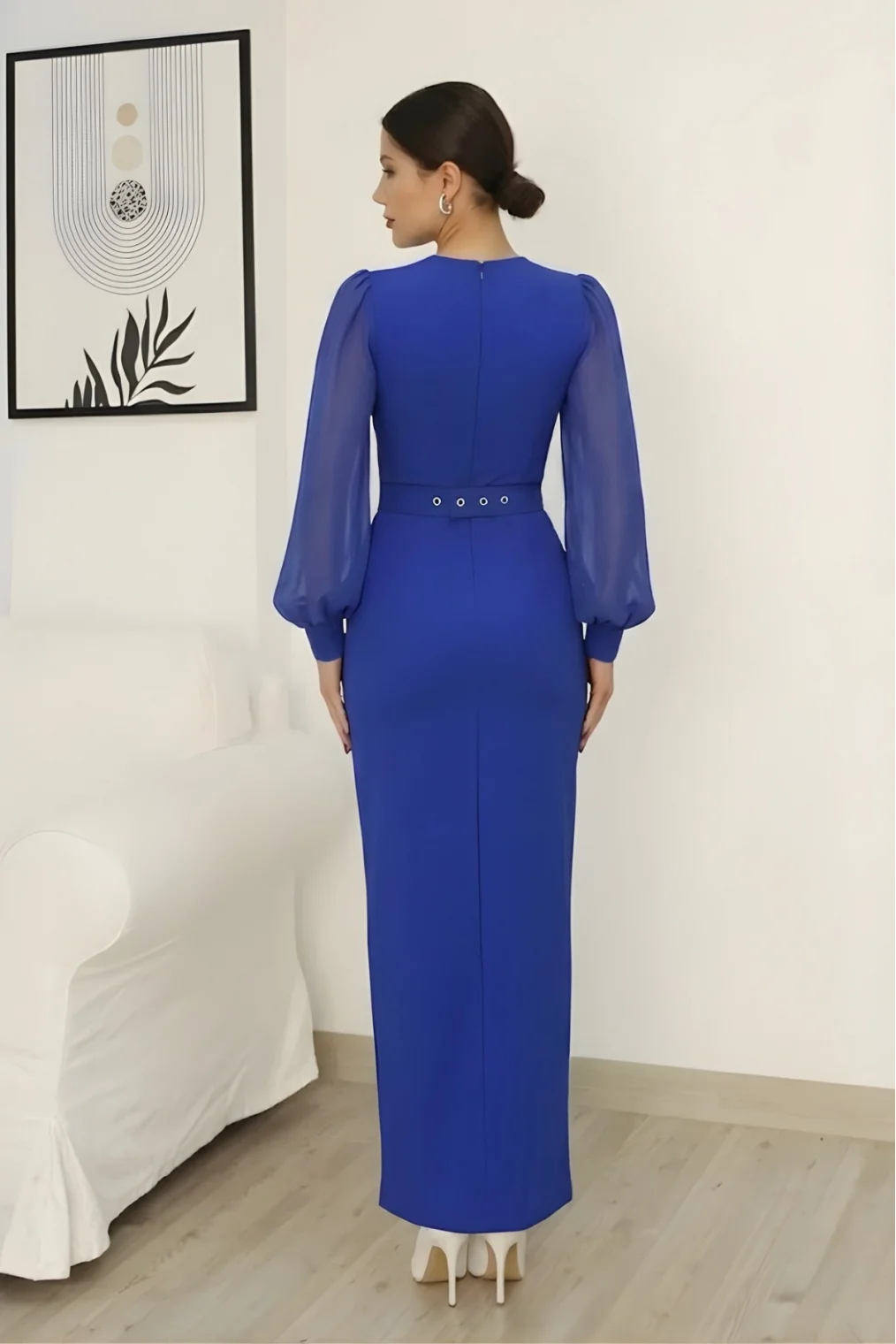 V Yaka Taş Detaylı Yırtmaçlı Balon Kol Abiye Elbise 2332-Saks