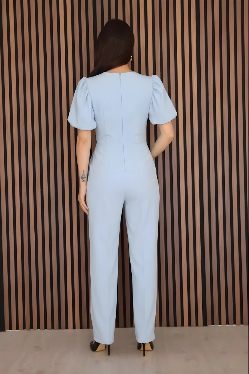 Pile ve Taş Detaylı V Yaka Tulum 2190-Bebe Mavisi