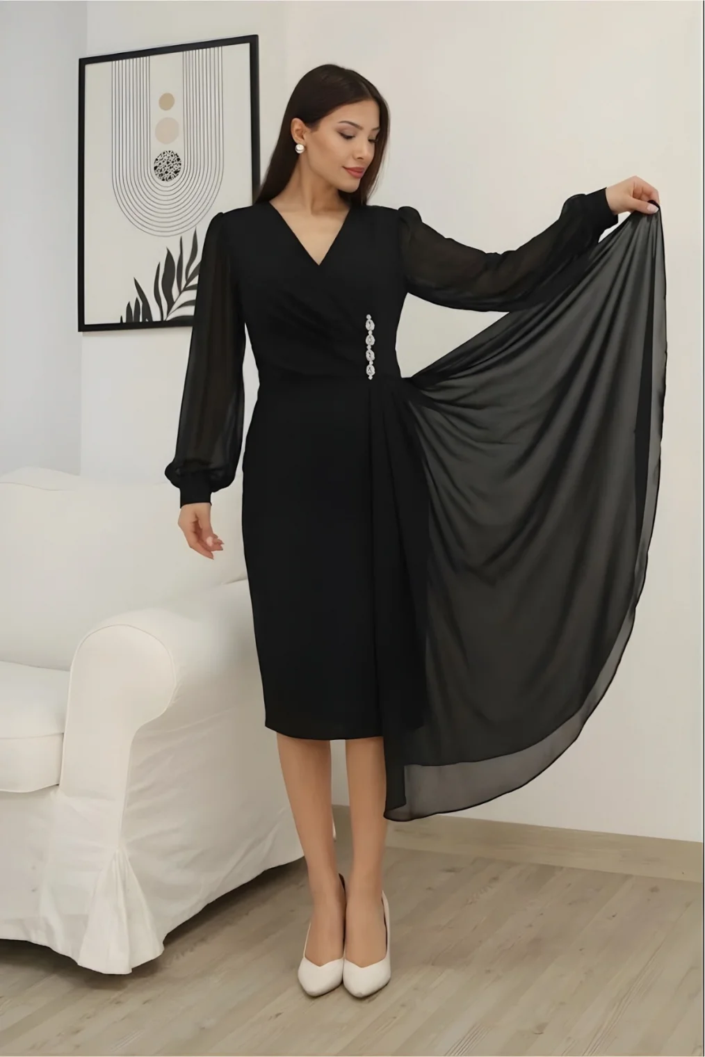 Kruvaze Yaka Bel Şifon Detaylı Balon Kol Abiye Elbise 2263-Siyah