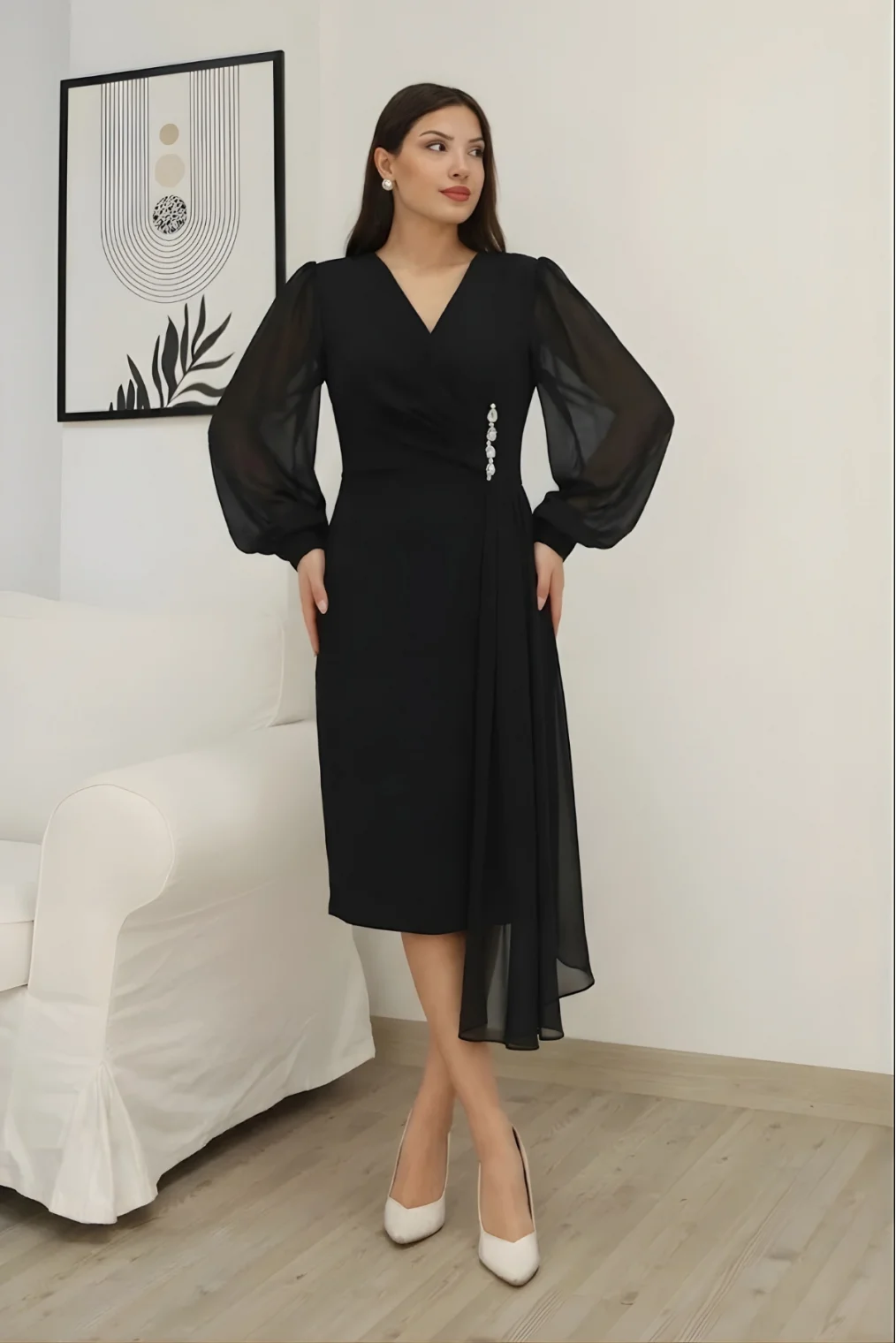 Kruvaze Yaka Bel Şifon Detaylı Balon Kol Abiye Elbise 2263-Siyah