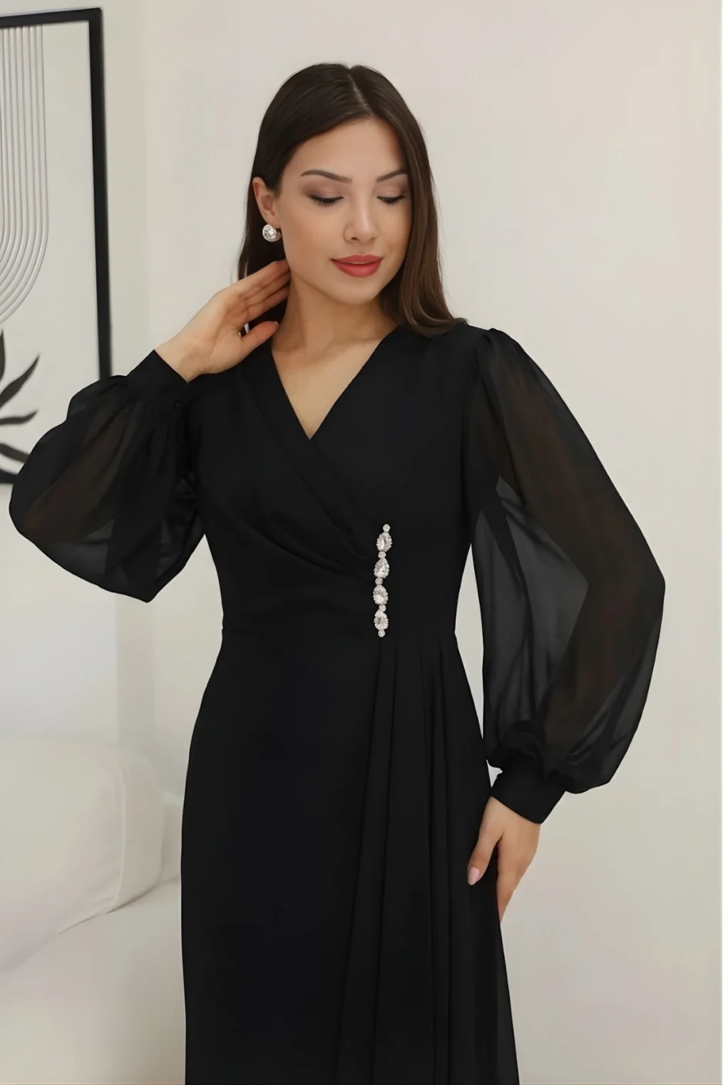 Kruvaze Yaka Bel Şifon Detaylı Balon Kol Abiye Elbise 2263-Siyah