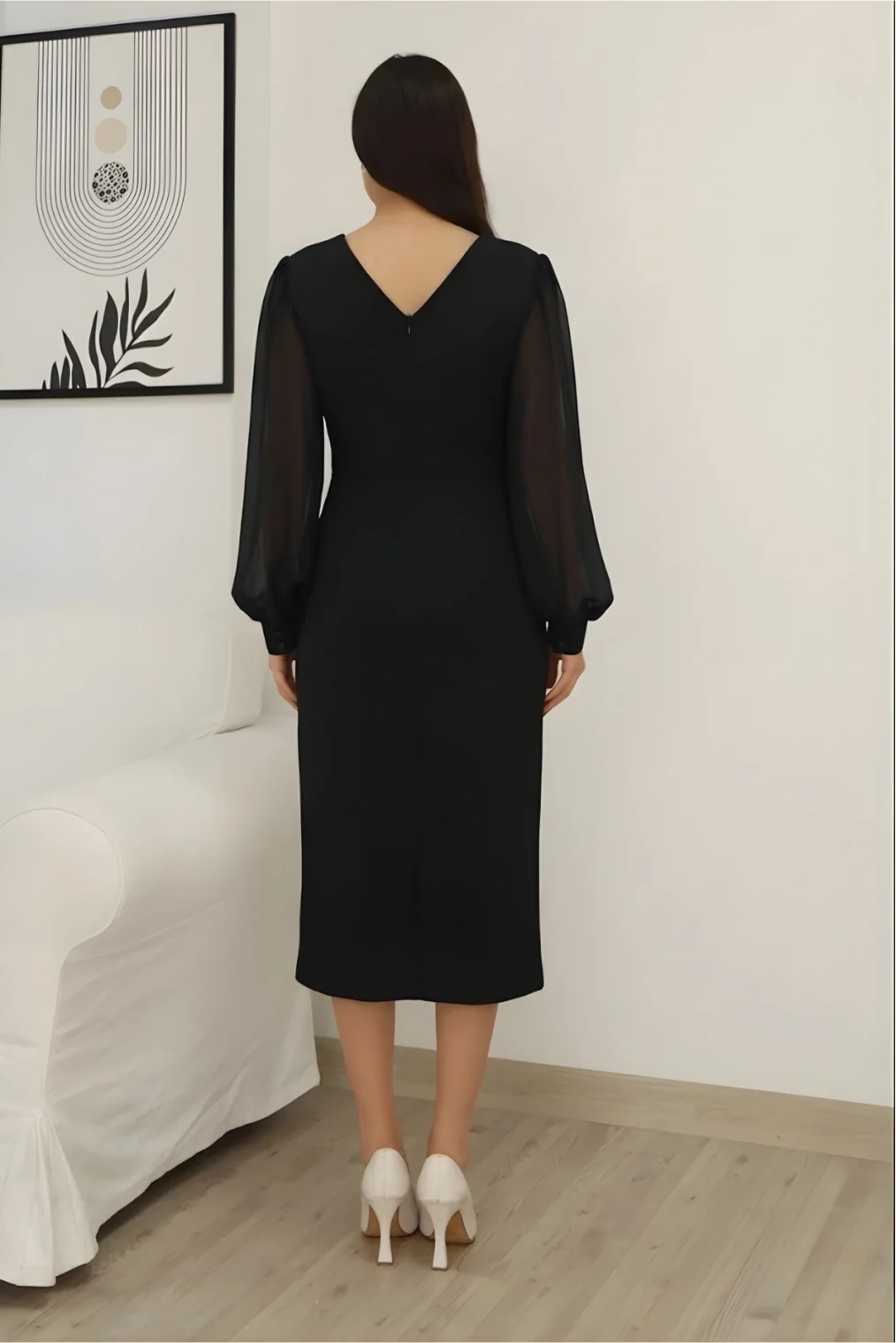 Kruvaze Yaka Bel Şifon Detaylı Balon Kol Abiye Elbise 2263-Siyah