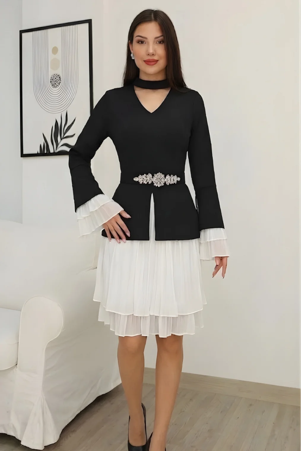 Büzgü Detaylı Kemerli Elbise 2338-Siyah/Beyaz