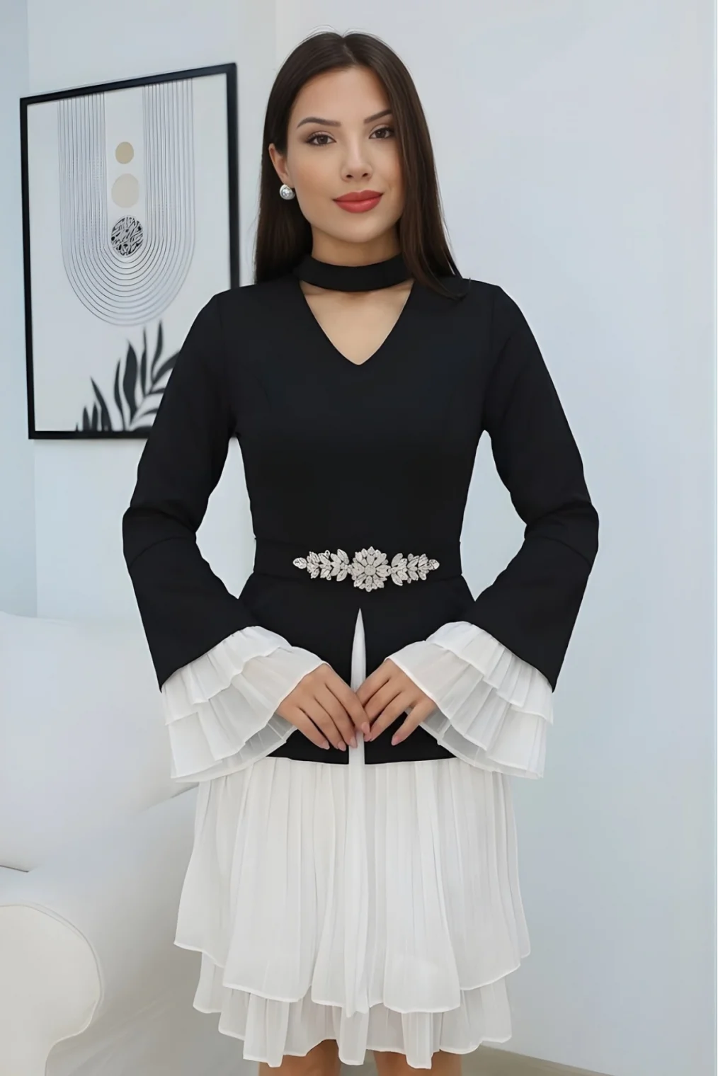 Büzgü Detaylı Kemerli Elbise 2338-Siyah/Beyaz