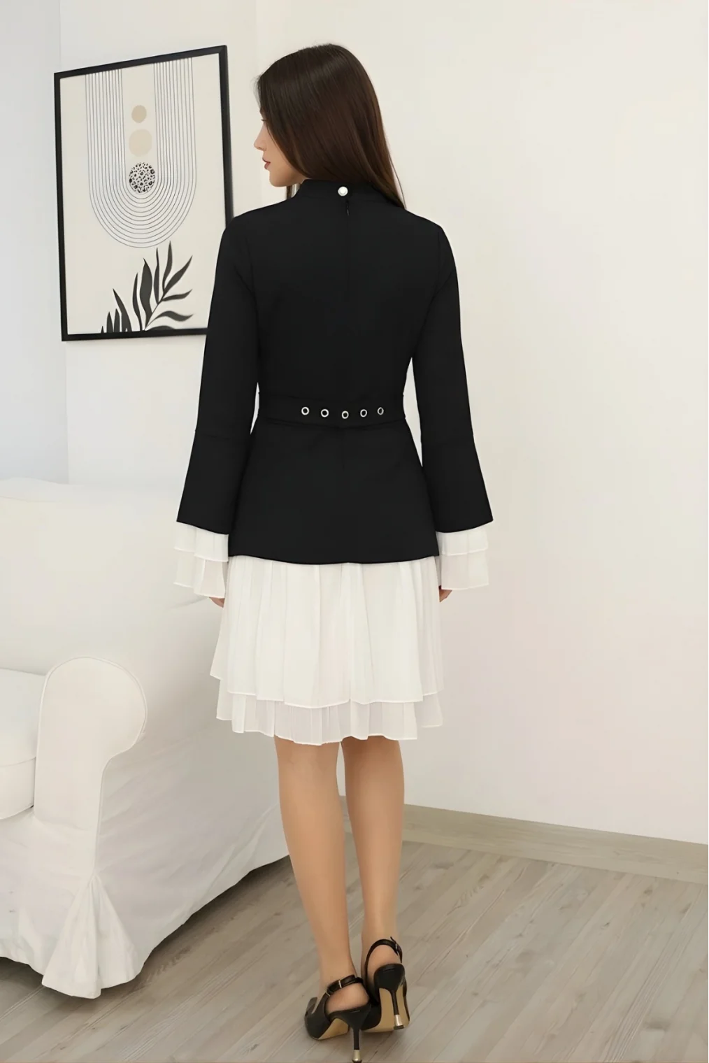 Büzgü Detaylı Kemerli Elbise 2338-Siyah/Beyaz