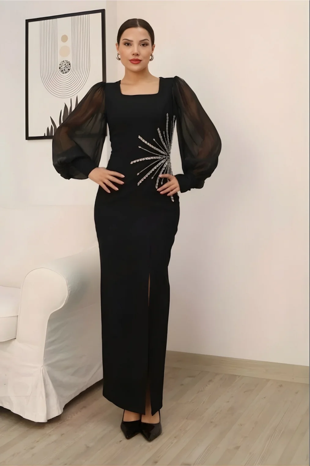 Taş Süslemeli Kare Yaka Balon Kol Yırtmaçlı Abiye Elbise 2345-Siyah