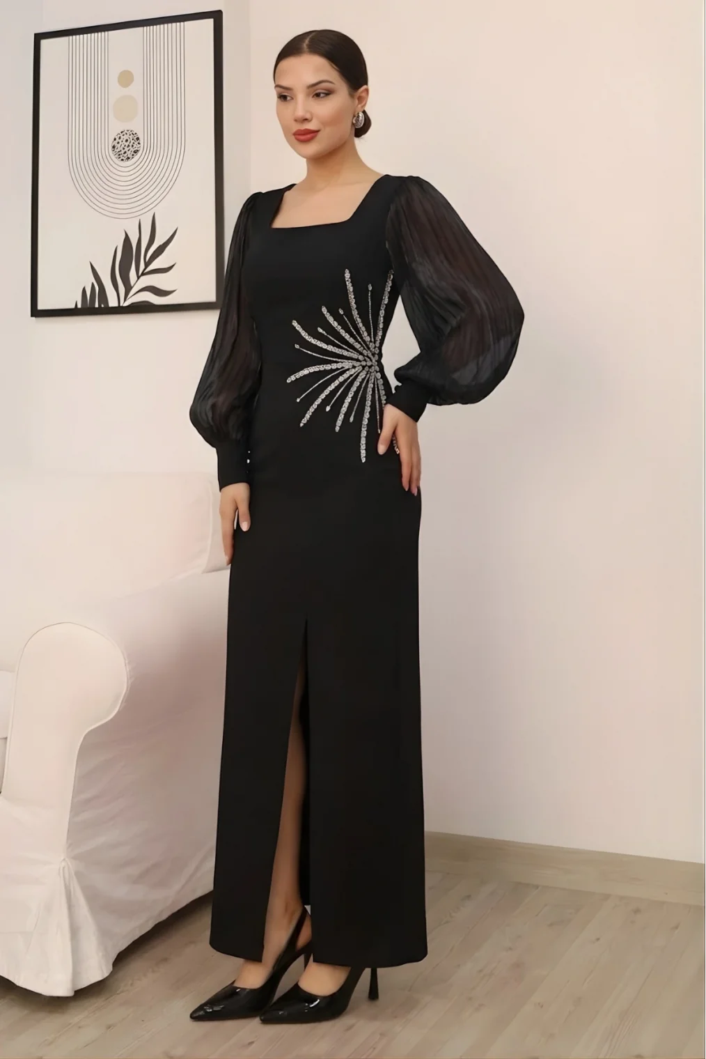 Taş Süslemeli Kare Yaka Balon Kol Yırtmaçlı Abiye Elbise 2345-Siyah