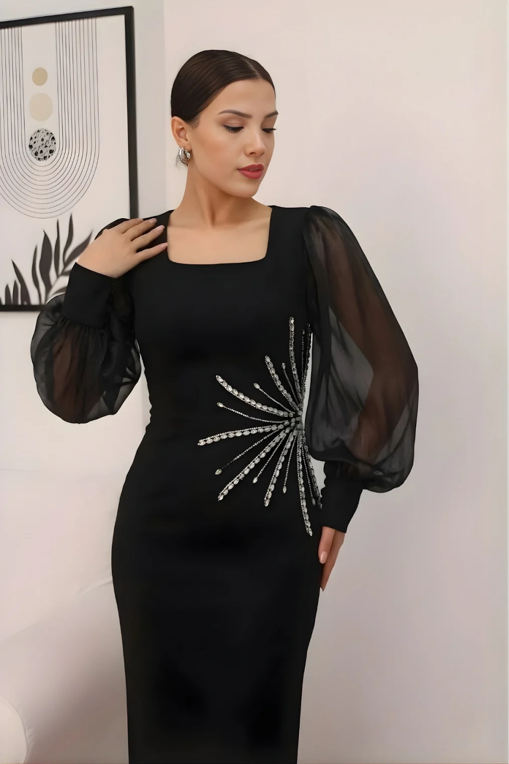 Taş Süslemeli Kare Yaka Balon Kol Yırtmaçlı Abiye Elbise 2345-Siyah