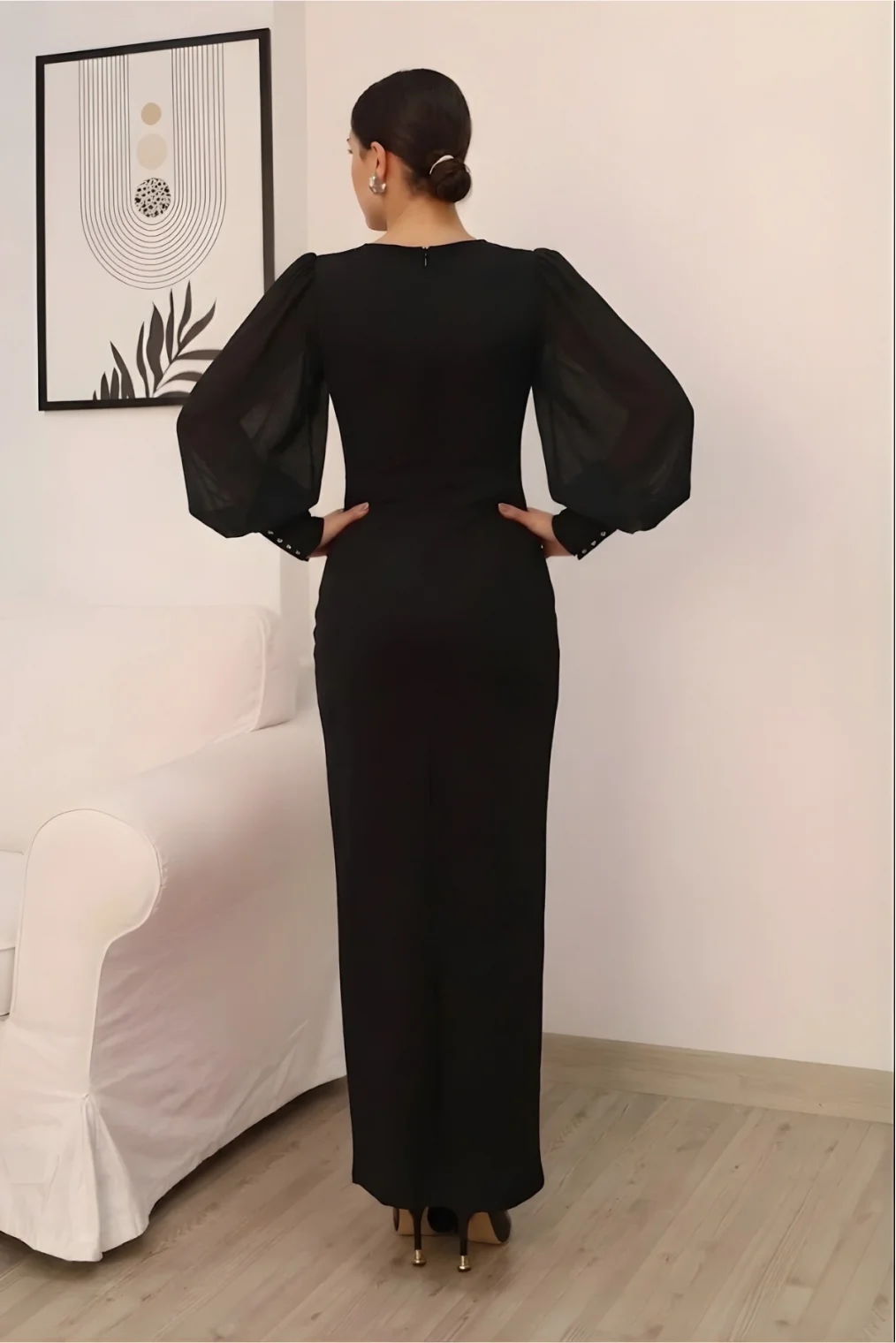 Taş Süslemeli Kare Yaka Balon Kol Yırtmaçlı Abiye Elbise 2345-Siyah