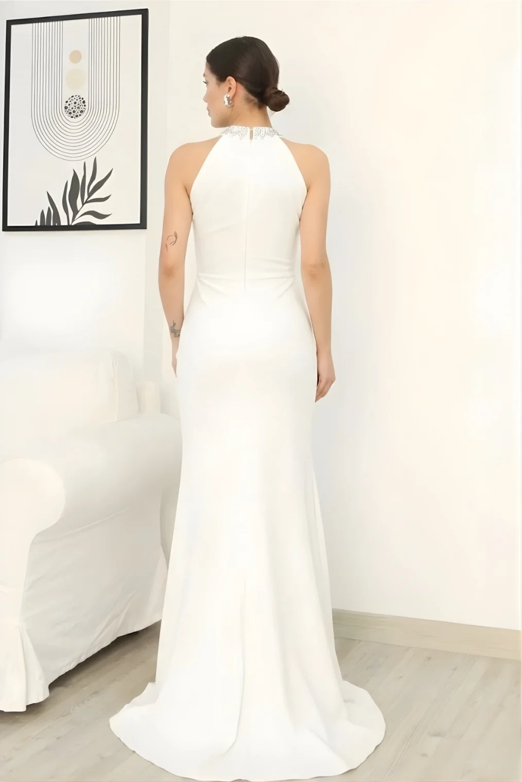 Taş Detaylı Pileli Abiye Elbise 2341-Beyaz