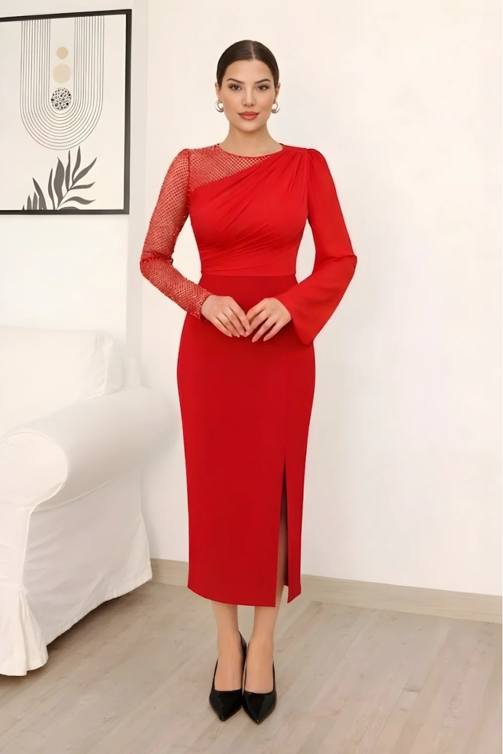 File Detaylı Midi Abiye Elbise 2337/1-Kırmızı