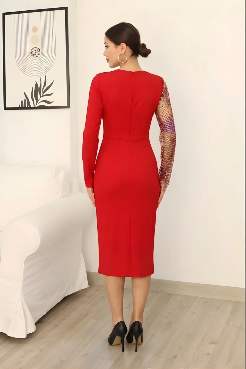 File Detaylı Midi Abiye Elbise 2337/1-Kırmızı
