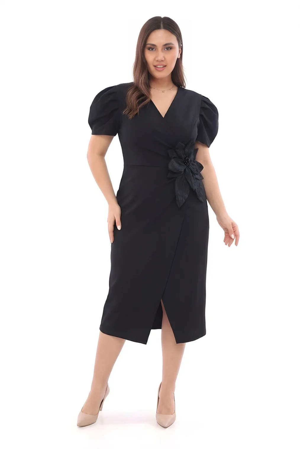 V Yaka Çiçek Detaylı Büyük Beden Abiye Elbise 2267-Siyah