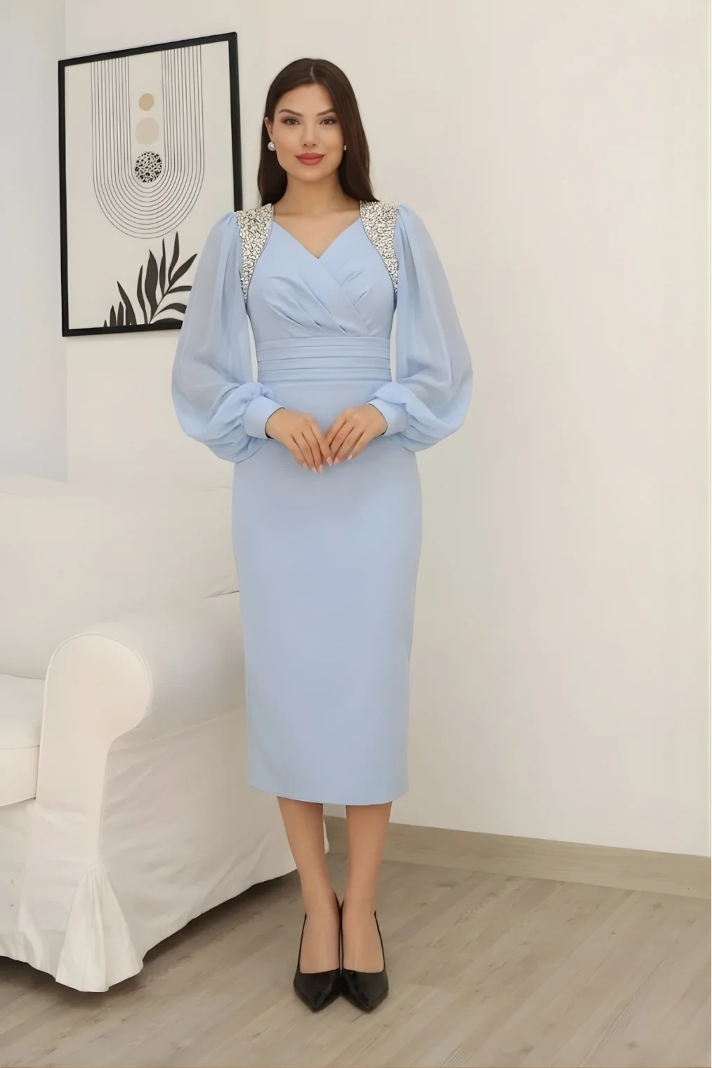 İşlemeli Omuz Detaylı Balon Kollu Kruvaze Yaka Midi Elbise 2326/1-Bebe Mavisi