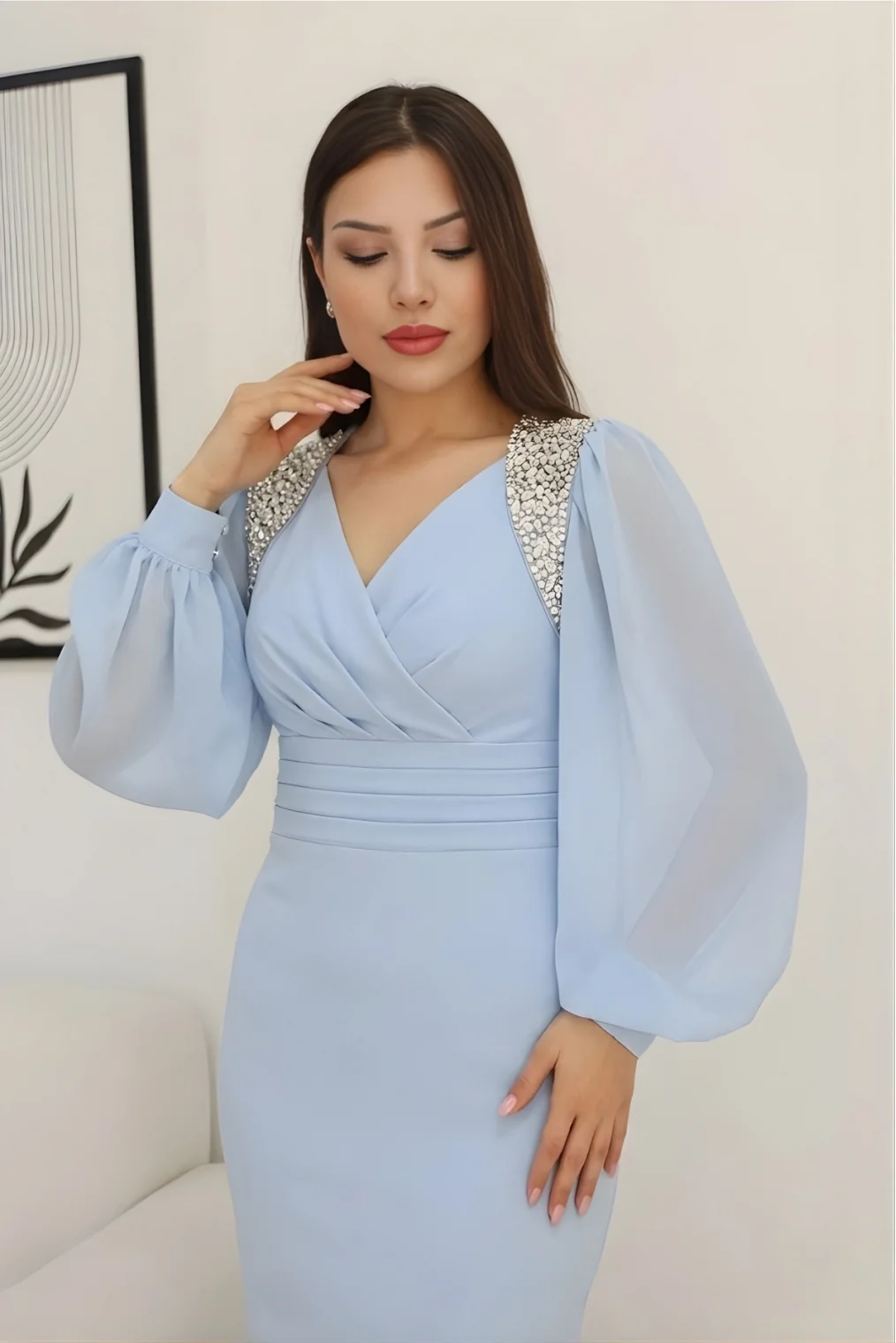 İşlemeli Omuz Detaylı Balon Kollu Kruvaze Yaka Midi Elbise 2326/1-Bebe Mavisi