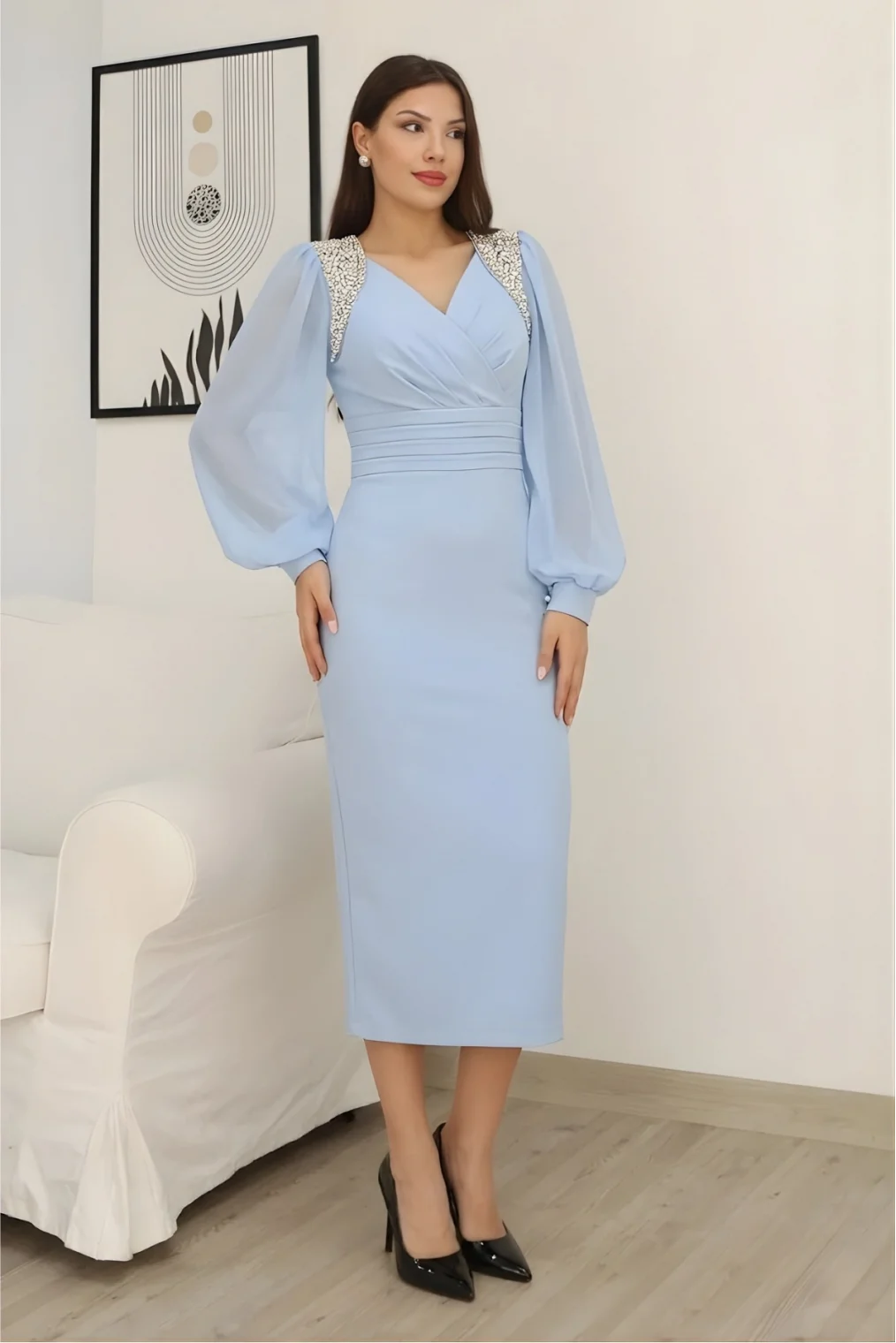 İşlemeli Omuz Detaylı Balon Kollu Kruvaze Yaka Midi Elbise 2326/1-Bebe Mavisi