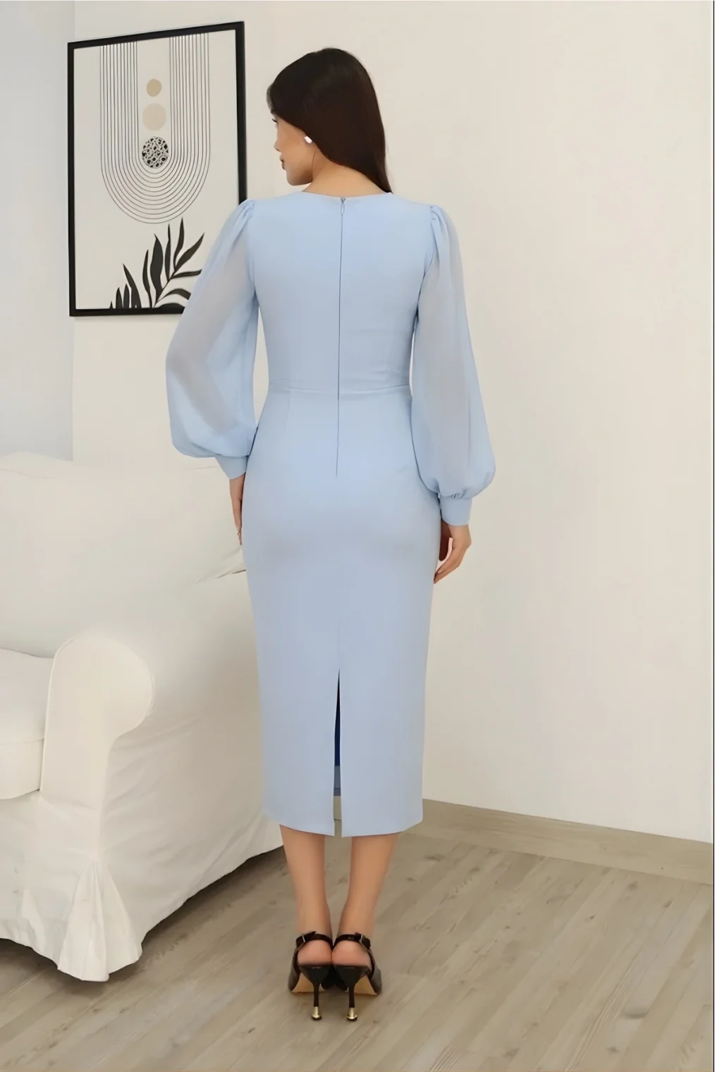 İşlemeli Omuz Detaylı Balon Kollu Kruvaze Yaka Midi Elbise 2326/1-Bebe Mavisi