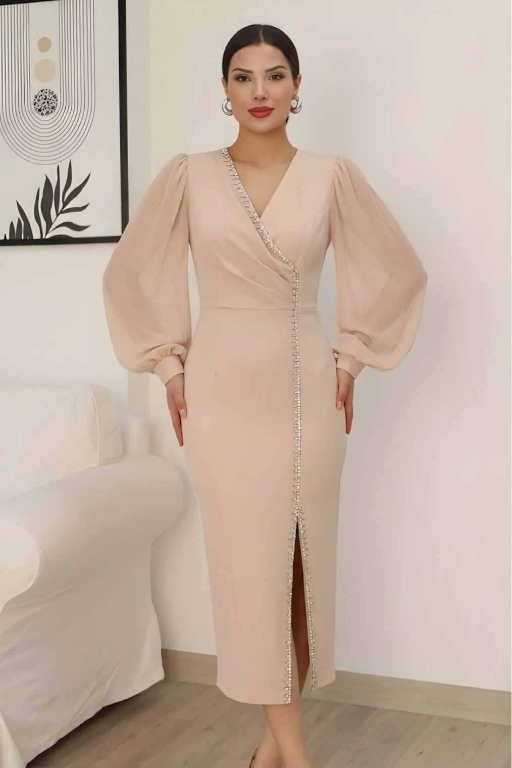 Kruvaze Yaka Balon Kol Taş ve Yırtmaç Detaylı Abiye Elbise 2237/1-Bej