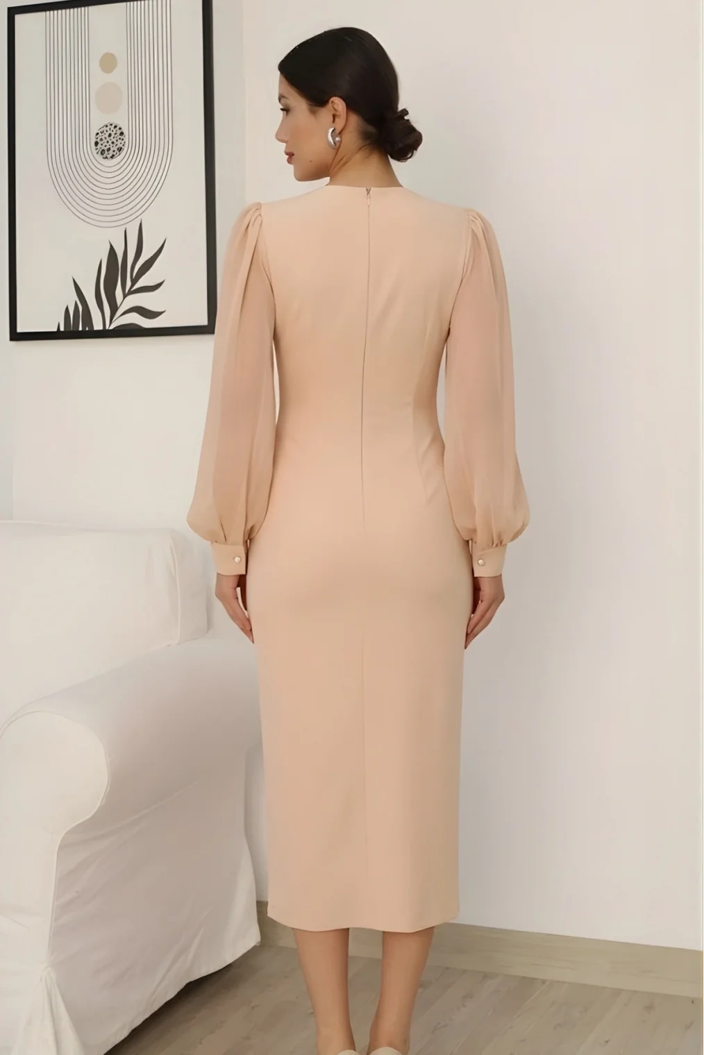 Kruvaze Yaka Balon Kol Taş ve Yırtmaç Detaylı Abiye Elbise 2237/1-Bej