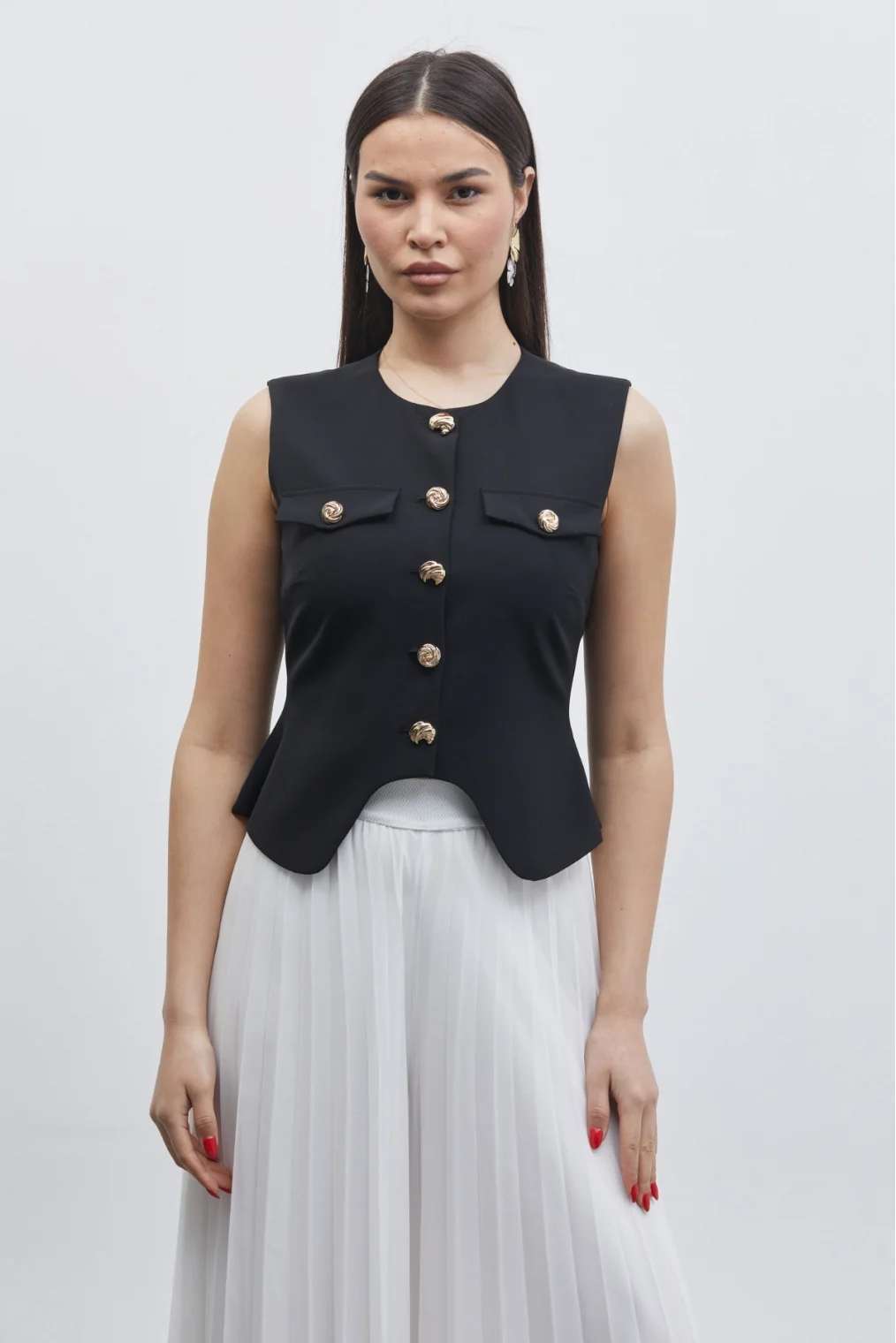 Düğme Detaylı Yelek ve Piliseli Pantolon İkili Takım 6088-Siyah/Beyaz