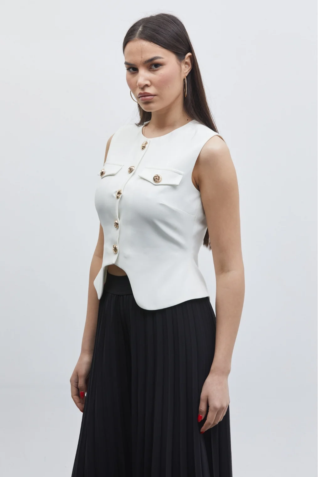 Düğme Detaylı Yelek ve Piliseli Pantolon İkili Takım 6088-Beyaz/Siyah