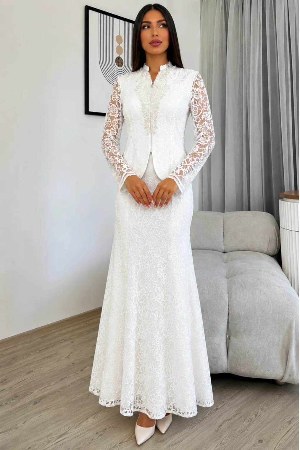 V Yaka İşleme Detaylı Dantel İkili Takım 4717-Beyaz