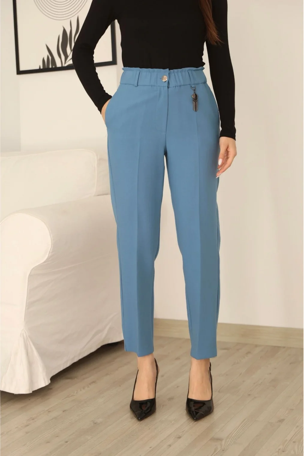 Aksesuar Detaylı Beli Lastikli Kumaş Pantolon 6119-Açık Mavi